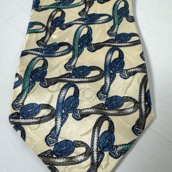 - Ferruccio Vintage Hand Made Italian Necktie Cream Blue Green Gray - Picture 4 of 7